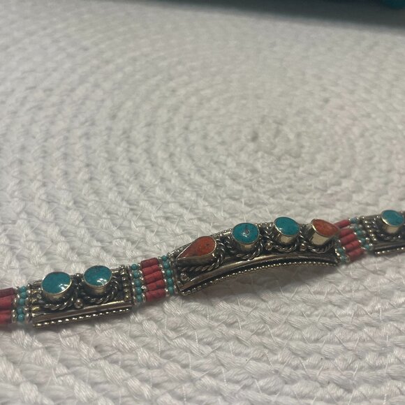 Tribal TURQUOISE & RED CORAL Handmade Sterling Bracelet Size 7 3/4" #134D - Picture 1 of 4